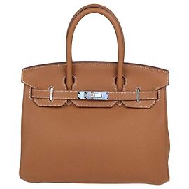 Hermès Bolsa Birkin 30 Hermes em couro Togo Gold com hardware Palladium Marrom