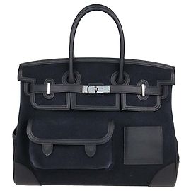 Hermès  mala Cargo Birkin 35 Hermes em couro Swift preto e lona Goeland Preto Azul