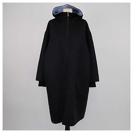 Prada Black Blend Wool Belted Hoodie Coat Black