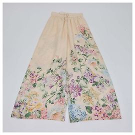 Zimmermann Halliday Wide Leg Hose aus Leinen mit floralem Multicolor-Print in Hellbeige Beige