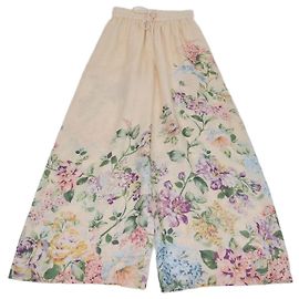 Zimmermann Light Beige Multicolor Linen Floral Print Halliday Wide Leg Pants Beige