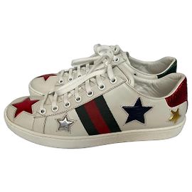 Gucci Ace Star Leder-Sneaker Silber Weiß Rot Blau Golden Grün