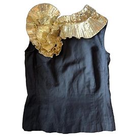 Dries Van Noten Top sans manches noir à col volanté doré Noir Doré