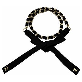 Chanel 20C Kettengürtel mit Band und Coco Mark Metall-Logo Schwarz Golden