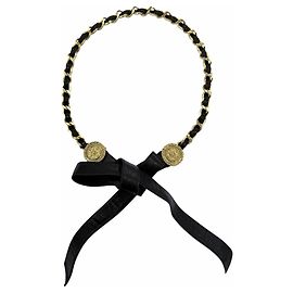 CHANEL Vintage Metal Coco Mark Leather Chain Ribbon Belt Black Golden