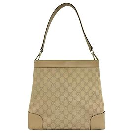 Bolsa de Ombro Gucci em Lona GG Bege e Couro Bege