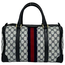 GUCCI Vintage Sherry Line Lederhandtasche mit GG-Muster Rot Marineblau