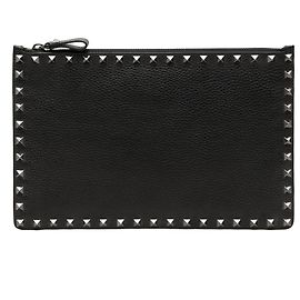 Valentino Black Grained Calfskin Rockstud Clutch Black