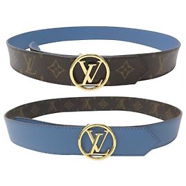 NEUF CEINTURE LOUIS VUITTON LV CIRCLE REVERSIBLE TOILE & CUIR 85 BLEU BELT Autre