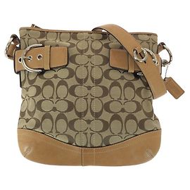 Coach Signature Canvas Leather Shoulder Bag Brown Silvery Beige
