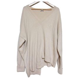 Loewe Anagram V-Neck Asymmetric Knit Sweater Beige