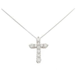 Autre Marque Pt900/Pt850 Cross Diamond Necklace Silvery