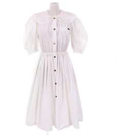 Vestido de popeline Miu Miu com mangas bufantes e logótipo bordado no colarinho Branco