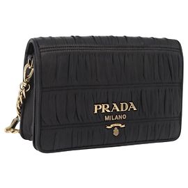 Sac à épaule PRADA à chaîne froncée en cuir noir et or Auth 204909A Noir Doré