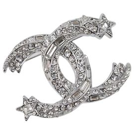 CHANEL Brooch Metal Silver CC Auth ki6897M Silvery
