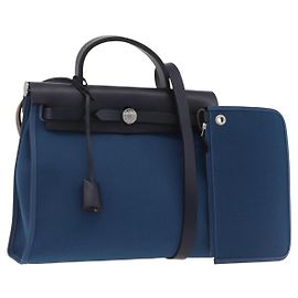 Hermès Sac à main HERMES Herbag Zip PM Canvas Cuir 2 voies Navy Silver Auth 202516SAM Argenté Bleu Marine