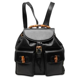 Black Gucci Large Calfskin Bamboo Drawstring Backpack Black