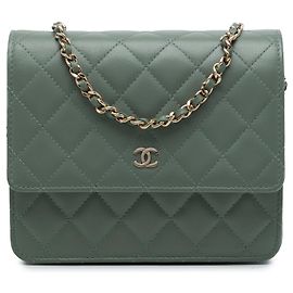 Borsa a tracolla Chanel CC Square Quilted Lambskin Wallet on Chain Verde Verde