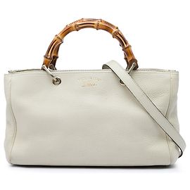 Borsa Shopper Satchel Gucci Medium in pelle di vitello bianca con bambù Bianco