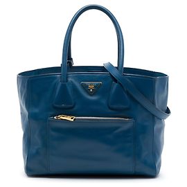 Saco Shopping Tote Satchel Prada em couro de bezerro macio azul com bolso frontal Azul