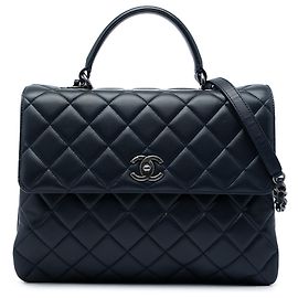 Bolsa Chanel Large Trendy CC Top Handle Flap Satchel em pele de cordeiro azul Azul
