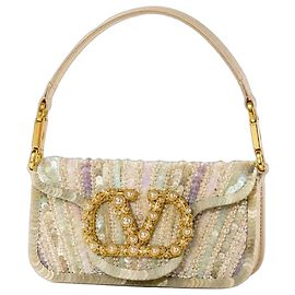 Valentino Garavani Locò Small Bolsa de ombro bordada VLogo Branco Multicor Dourado Metálico