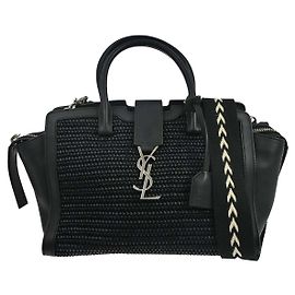Autre Marque Saint Laurent Monogram Cabas Downtown Raffia and Leather Baby Nero