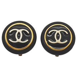 Boucles d'oreilles clips Chanel Coco Mark Circle Noir Blanc Doré