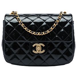 Chanel Black Mini Square Classic Patent Enamel Coco Hearts Single Flap Black