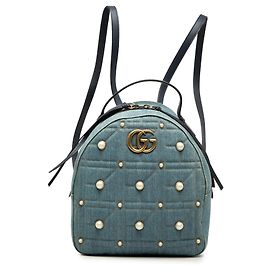 Mochila Gucci Blue Small GG Marmont em denim matelassé com pérolas Azul Outro