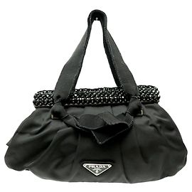 PRADA BN1146 HANDTASCHE TESSUTO BRIGHT NYLON UND SCHWARZEM STRASS Schwarz