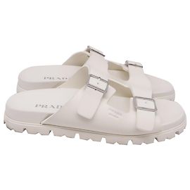 Prada Double-Buckled Strap Slide Sandalen aus weißem Gummi Weiß Roh