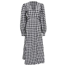 Ganni Seersucker Check Wickel-Midikleid aus schwarzer Baumwolle Schwarz