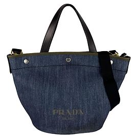Sac à main Prada en denim et cuir Noir Bleu Kaki
