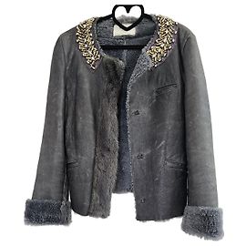 Veste Prada en peau de mouton et fourrure de vison ornée Gris Métallisé