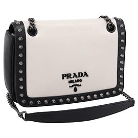 PRADA Schultertasche mit Kette aus Leder Weiß Schwarz Auth mr2939A Schwarz Weiß
