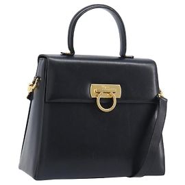 Bolsa Salvatore Ferragamo Gancini em couro 2way Preta Dourada Auth ka6377 Preto Dourado