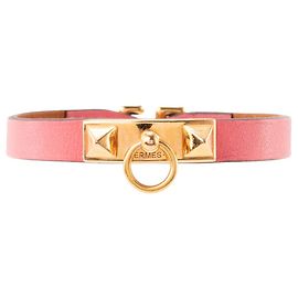 HERMÈS - Bracelete Rivale Hermès em couro liso rosa (T3) Rosa