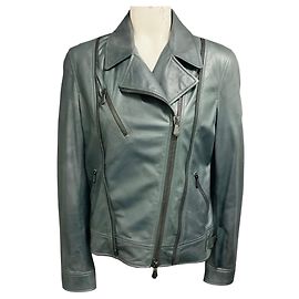 Bottega Veneta Slate Blue Grey Zip Front Leather Moto Jacket Grey
