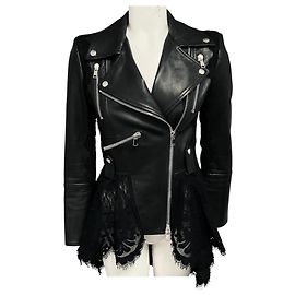 Alexander McQueen Leder-Bikerjacke mit schwarzer Spitzenborte Schwarz