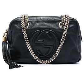 Bolsa de Ombro Gucci Soho com Corrente e Zíper em Couro de Bezerro Grão Preto Preto