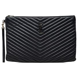 Autre Marque Blue Saint Laurent Leather Chevron Monogram Document Holder Clutch Bag Blue