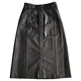 Vanessa Seward for La Redoute Collections Black Leather Button-Front Midi Skirt Black