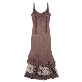 Abito maxi a balze stampa leopardata e floreale Roberto Cavalli anni 2000 Marrone