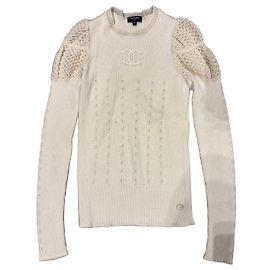 Chanel Top de punto cachemira crema con encaje Crudo