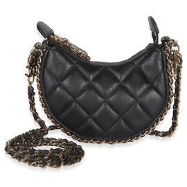 Bolsa Chanel Mini Moon Hobo Crossbody em pele de cordeiro acolchoada preta com corrente CC Preto