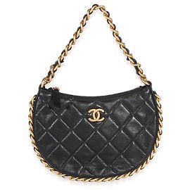 Chanel Mini Hobo aus schwarzem glänzendem gestepptem Lammleder mit CC-Kette Schwarz