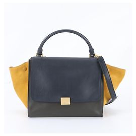 Céline Celine Trapeze Small Borsa a tracolla 2-Way in pelle Marrone Giallo Blu navy