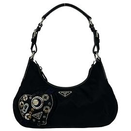 Sac semi-épaule en nylon Tessuto Pocono et cuir avec logo triangle PRADA Noir