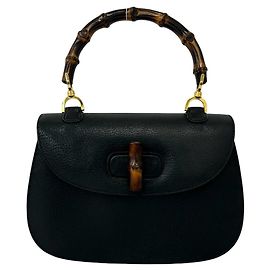 Bolsa Mini Tote GUCCI Vintage em couro com fecho giratório e alça de bambu Preto